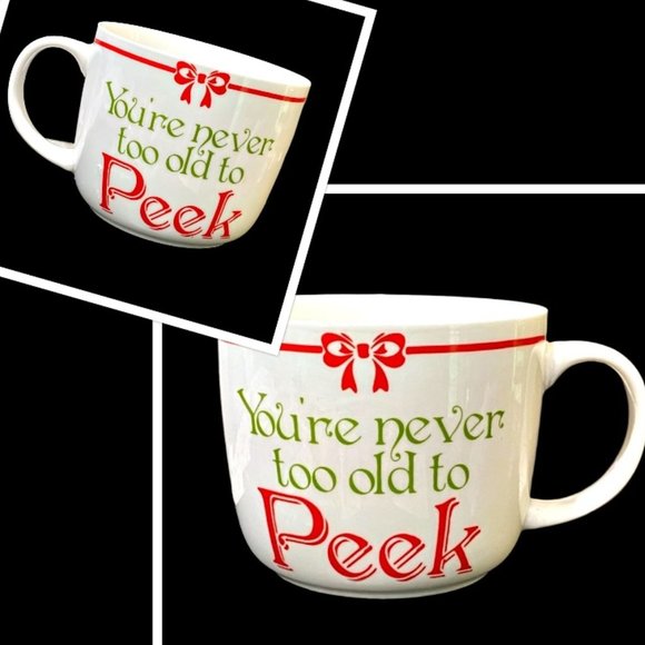 Large Christmas Coffee Mug 'Never Too Old to Peek' Big 2 Sided Pfaltzgraff NEW - Picture 1 of 10